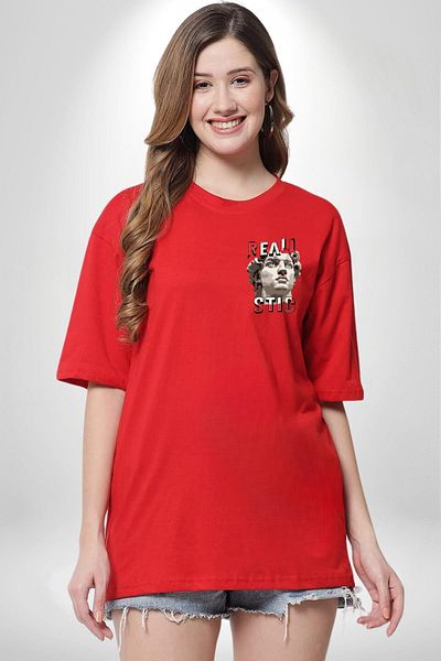Angemiel Michelangelo David Statue Realistic Written Red Oversize Women's Men's Front Minimal Printed T-Shirt