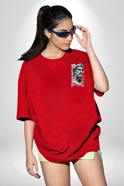 Angemiel Legendary Zeus Power and Emotions Red Oversize Women's Men's Front Minimal Printed T-Shirt