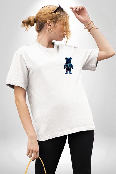 Angemiel Neon Lighted Teddy Bear Adding Color to the Night White Oversize Women's Men's Front Minimal Printed T-Shirt