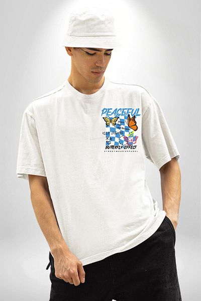 Angemiel Peace Love and Freedom Written Butterfly Style White Oversize Women Men Front Minimal Printed T-Shirt