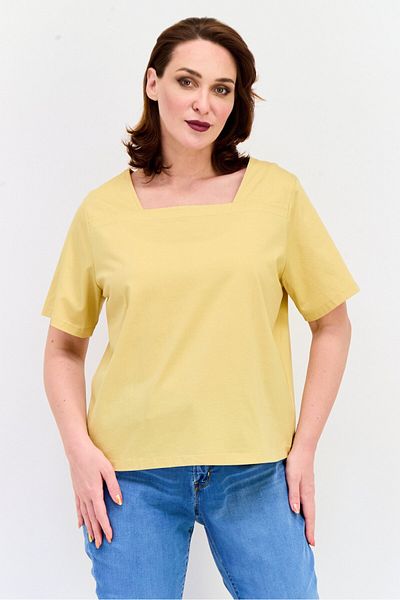 Giordano Women Square Neck Short Sleeves Solid Top, Mustard
