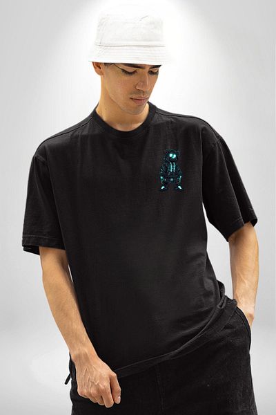 Angemiel Blue Neon Light Detailed Street Fashion Teddy Bear Black Oversize Women's Men's Front Minimal Printed T-Shirt