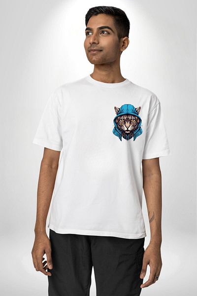 Angemiel Cyber ​​Cat Digital Tiger Eye White Oversize Women's Men's Front Minimal Printed T-Shirt