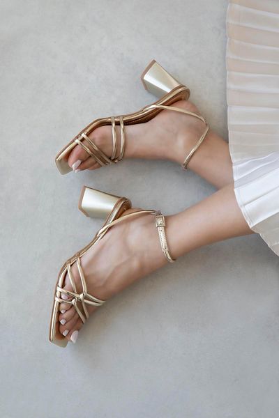 STRASWANS Onika Women's Heeled Leather Sandals Gold