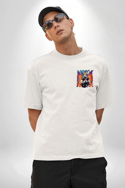 Angemiel Rainbow Party Glasses Bunny White Oversize Women Men Front Minimal Printed T-Shirt