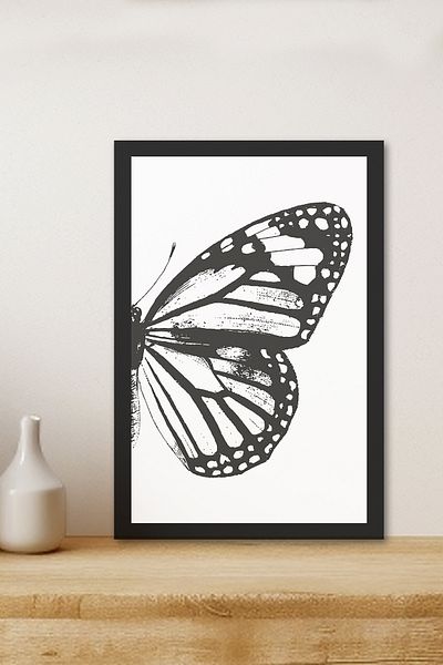 Zevahir Mobilya Dekorasyon 1 Piece Black and White Butterfly Wing Wooden Black Frame Look Mdf Table
