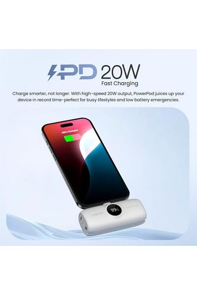 Faster S5K PowerPod Mini Power Bank 5000mAh - 20W Fast Charging, LED Display, USB-C, Built-in iPhone