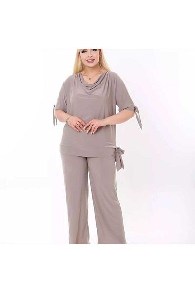 BİrHoşButik Plus Size Full Lycra Sandy Fabric Sweat-Proof Sleeves Lace-Up Loose Collar Elastic Waist Trend Suit