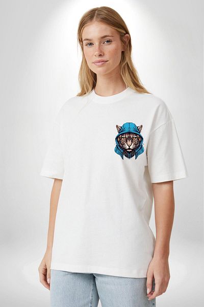 Angemiel Cyber ​​Cat Digital Tiger Eye White Oversize Women's Men's Front Minimal Printed T-Shirt