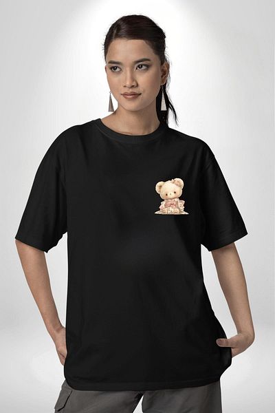 Angemiel Pink Teddy Bear Design with Kimono Black Oversize Women's Men's Front Minimal Printed T-Shirt