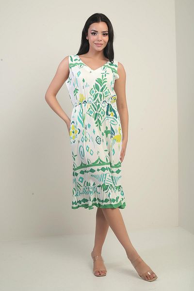 By Saygı Rochie de damă, față, spate, cu decolteu în V, talie elastică, cu buzunare, model geometric mixt, cu volane