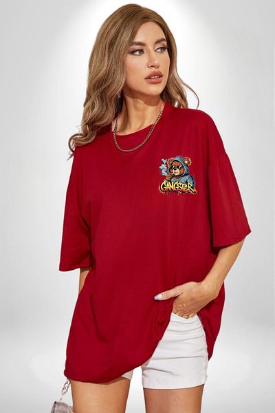 Angemiel تي شيرت Gangster Bear Hoodie Bear Teddy Red كبير الحجم للنساء والرجال مطبوع من الأمام