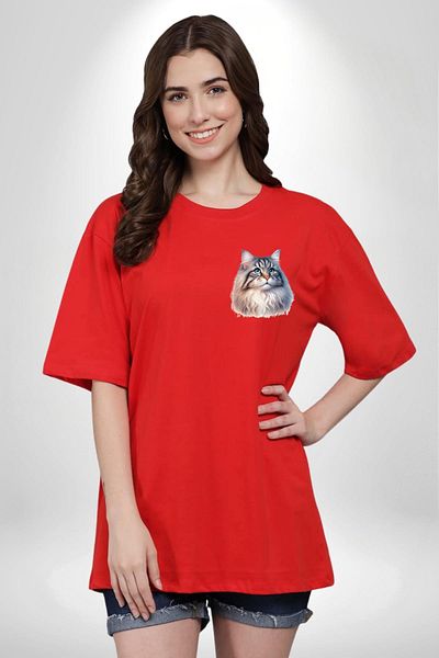 Angemiel Norway Forest Cat Lover Red Oversize Women's Men's Front Minimal Printed T-Shirt