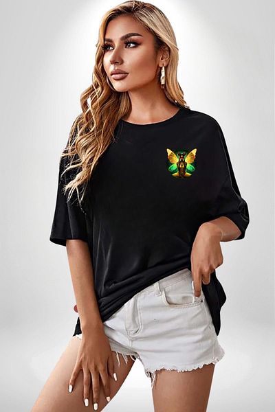Angemiel Summer Neon Yellow-Green Women's Angel Black Oversize Women's Men's Front Minimal Printed T-Shirt