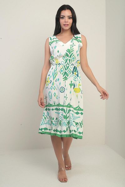 By Saygı Rochie de damă, față, spate, cu decolteu în V, talie elastică, cu buzunare, model geometric mixt, cu volane