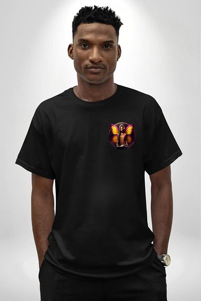 Angemiel Yellow Red Winged Butterfly Dj Fan Black Oversize Women Men Front Minimal Printed T-Shirt