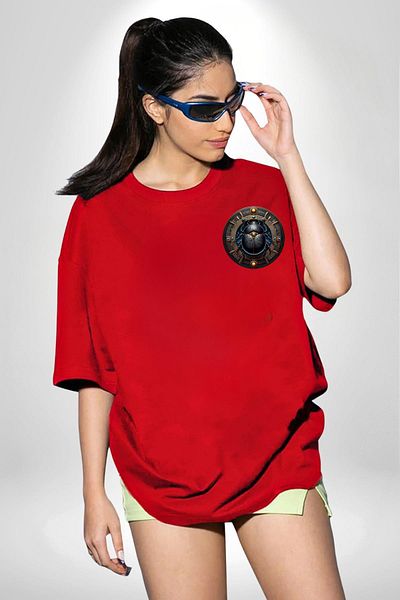 Angemiel Khepri Rebirth, Morning Sun God Egyptian Red Oversize Women's Men's Front Minimal Printed T-Shirt