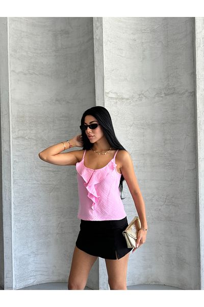 solena sln Γυναικεία καλοκαιρινή μουσελίνα μπλούζα με λουράκι μπροστά με βολάν