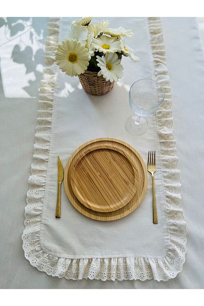 eyma home Bohem Ham Keten Fisto Fırfırlı Runner (45 X150 CM)