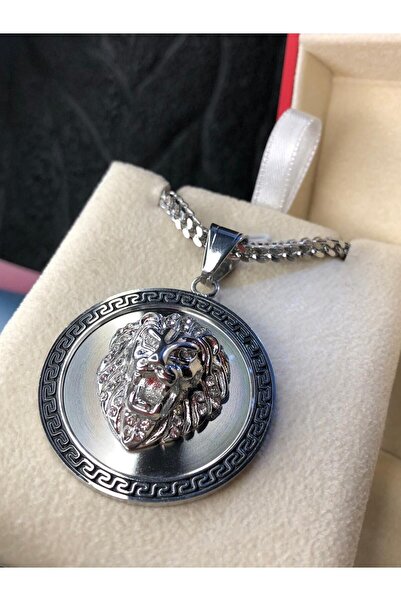 vogutima jewelery&silver by timuçin mavili Lion Head Greek Patterned White Color Steel Necklace in Illuminated Box • for Lover • for Spouse • for Father • for Friend