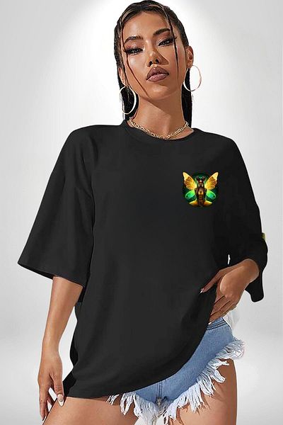 Angemiel Summer Neon Yellow-Green Women's Angel Black Oversize Women's Men's Front Minimal Printed T-Shirt