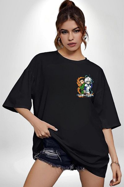 Angemiel Hunter X Hunter Gon & Killua Anime Black Oversize Women Men Front Minimal Printed T-Shirt