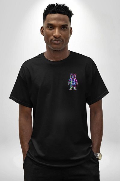 Angemiel Neon Lights Revived Teddy Bear Black Oversize Women's Men's Front Minimal Printed T-Shirt