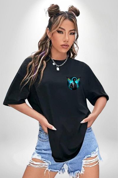 Angemiel Modern Men's Black Oversize Women's Men's Front Minimal Printed T-Shirt with Glasses and Wings