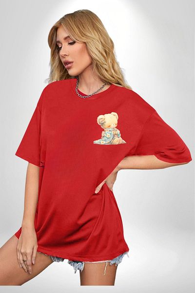 Angemiel Blue Floral Patterned Kimono Cute Teddy Bear Red Oversize Women Men Front Minimal Printed T-Shirt