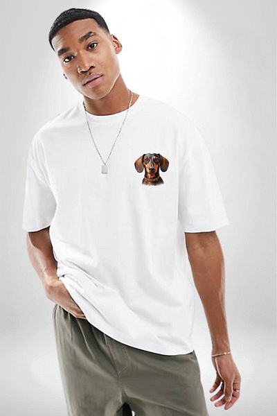 Angemiel Sweet Dachshund Dog Love White Oversize Women's Men's Front Minimal Printed T-Shirt