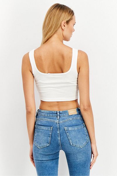 Sinsay Women Square Neck Sleeveless Textured Crop Top, White