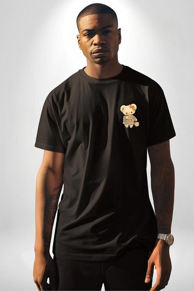 Angemiel Cute Flower Patterned Teddy Bear Black Oversize Women's Men's Front Minimal Printed T-Shirt