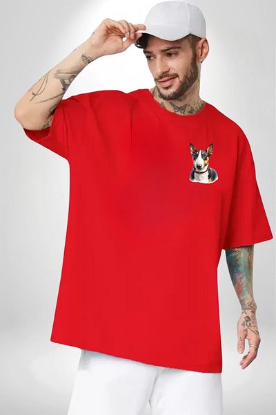 Angemiel Brave Miniature Bull Terrier Dog Red Oversize Women Men Front Minimal Printed T-Shirt