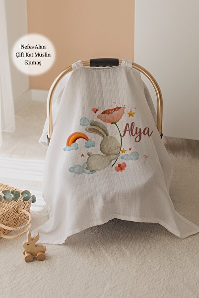 Lilabio %100 Pamuk İsme Özel Çift Katlı Müslin Puset Örtüsü - Tavşan
