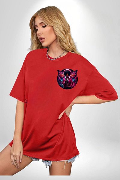 Angemiel Pink Shiny Wings Red Oversize Women's Men's Front Minimal Printed T-Shirt