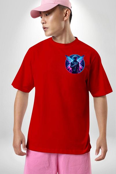 Angemiel Rapper with Microphone Hip Hop Blue-Pink Wings Red Oversize Women Men Front Minimal Printed T-Shirt