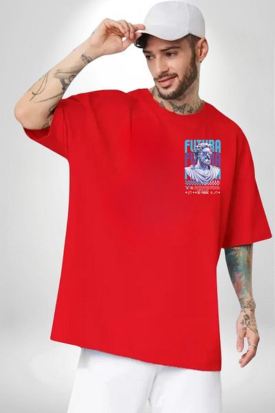 Angemiel Mythological Future Futura Technology Red Oversize Women's Men's Front Minimal Printed T-Shirt