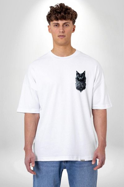 Angemiel Gothic Spirit Nature and Cat White Oversize Women's Men's Front Minimal Printed T-Shirt