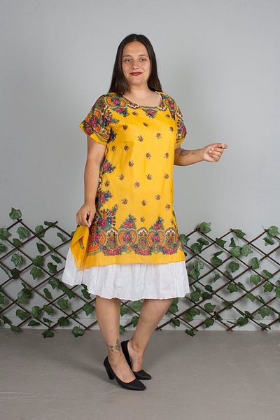 Truva XXL Cheesecloth Authentic Yellow Plus Size Dress – Summer and Comfortable Model