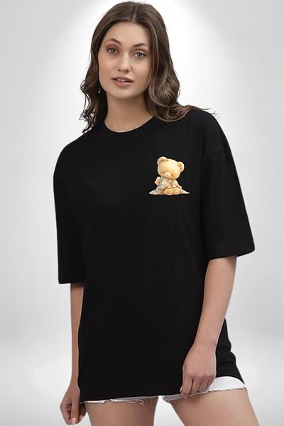 Angemiel Floral Pattern Pastel Tone Teddy Bear and Flower Black Oversize Women's Men's Front Minimal Printed T-Shirt