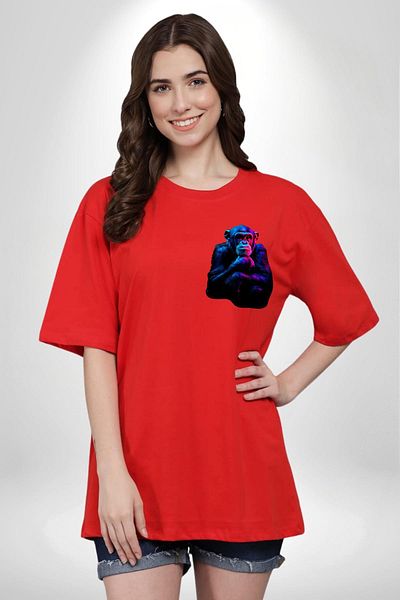 Angemiel Monkey Red Oversize Women's Men's Front Minimal Printed T-Shirt with Light Effects