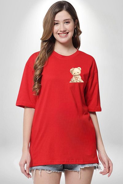 Angemiel Romantic Pink Floral Pastel Colors Teddy Bear Red Oversize Women's Men's Front Minimal Printed T-Shirt