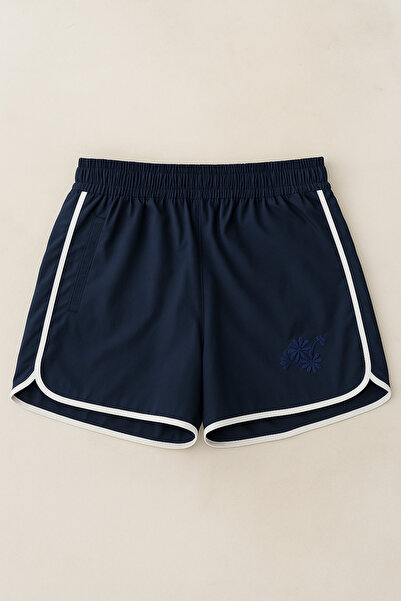 FATELLA Kadın Lacivert Cepli Çiçek Nakış İşlemeli Çizgili Deniz Şortu