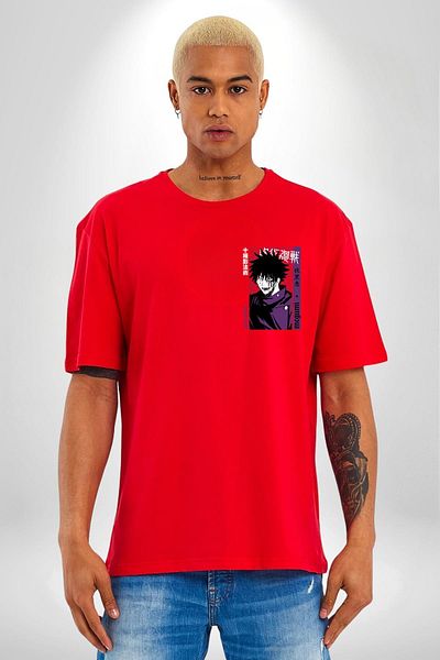 Angemiel Megumi Fushiguro Jujutsu Kaisen Anime Red Oversize Women Men Front Minimal Printed T-Shirt