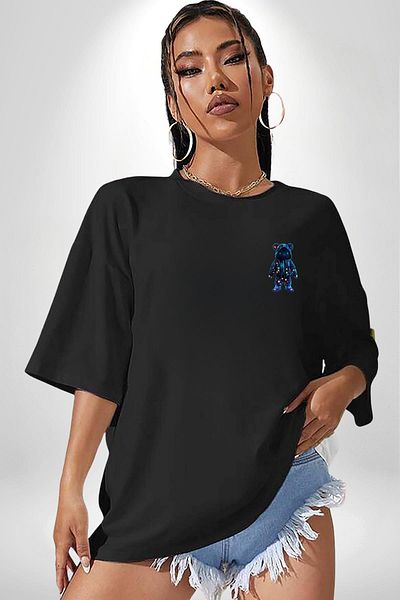Angemiel Neon Lighted Teddy Bear Adding Color to the Night Black Oversize Women's Men's Front Minimal Printed T-Shirt