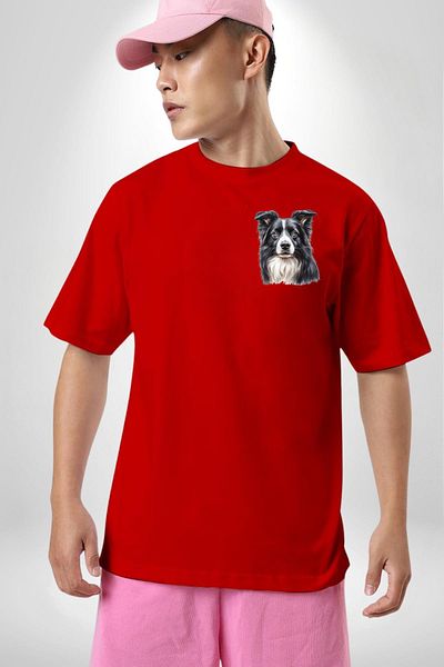 Angemiel Sweet Border Collie Energetic Clever Dog Design Red Oversize Women Men Front Minimal Printed Tee