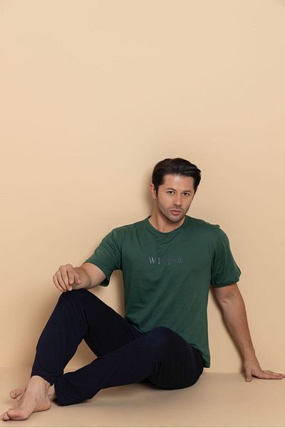 trdpodyum Men's Short Sleeve Pocketed Combed Cotton Pajama Set