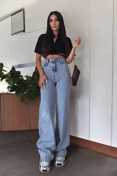 byhaziran butik Lica Women's Blue Snow Wash High Waist Stretchy Comfortable Wide Leg Jeans