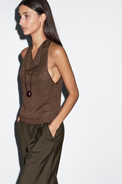 Massimo Dutti Pamuklu triko halter yaka top