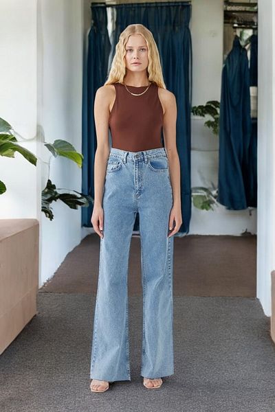 byhaziran butik Pen Young Girl Light Blue Snow Wash High Waist Lycra Comfortable 90's Loose Leg Jeans